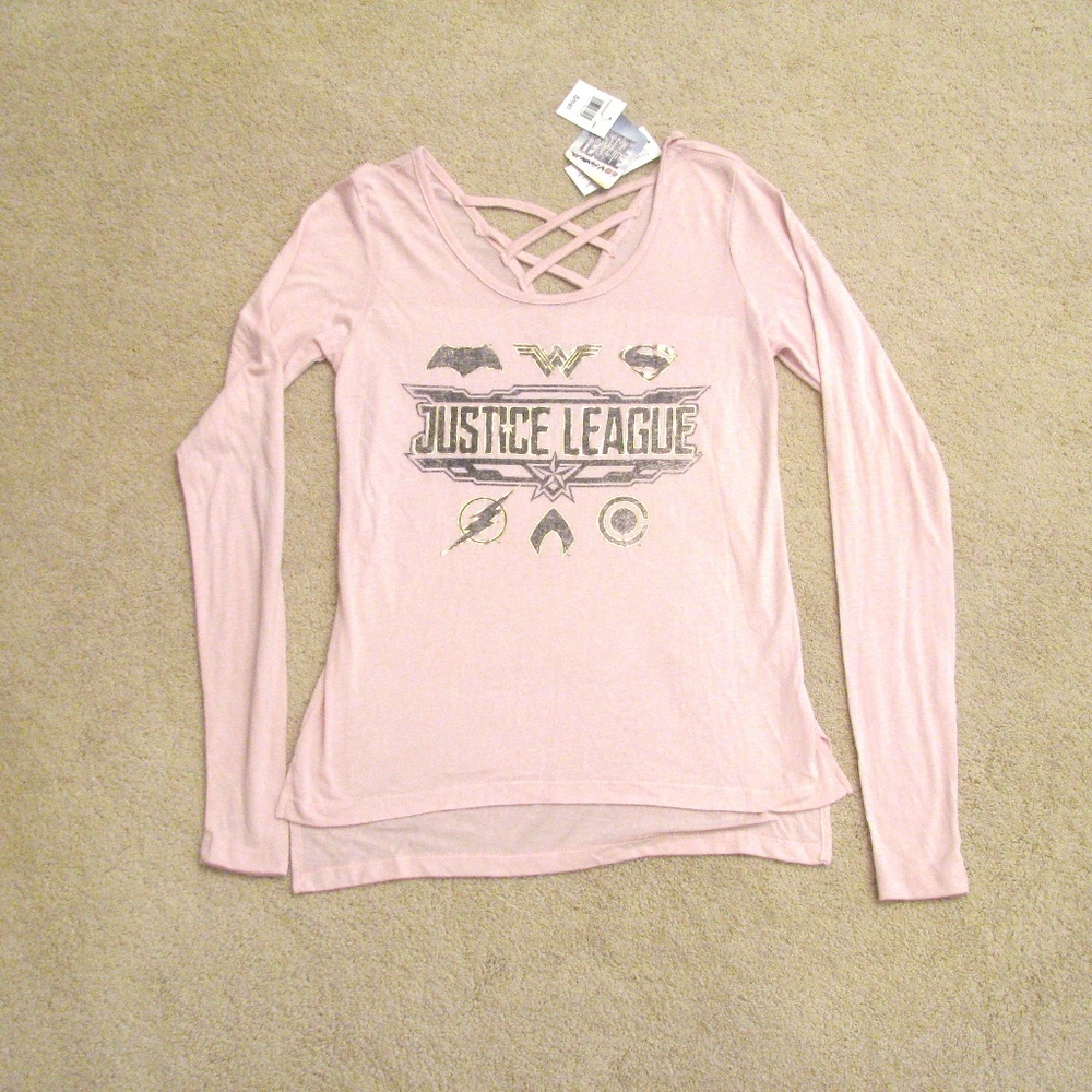 Justice League Long Sleeve Graphic Tee NEW Womens Size Small Pink Comic Heros